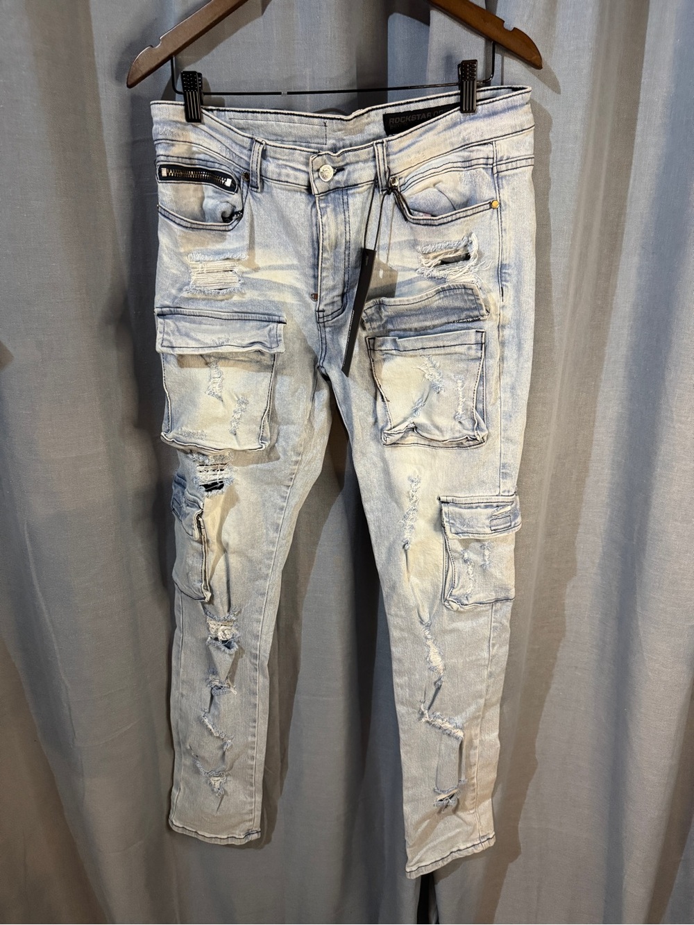 Rockstar Slim Light Wash Distressed Cargo Jeans for Men